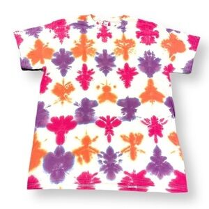 Hand tie dyed shibori tshirt orange magenta pink, and purple, unisex M